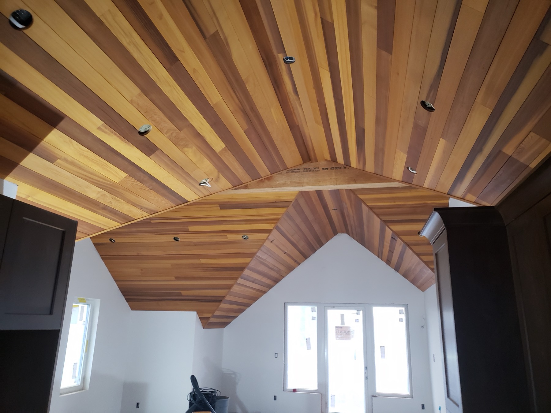 A finished timber slat ceiling