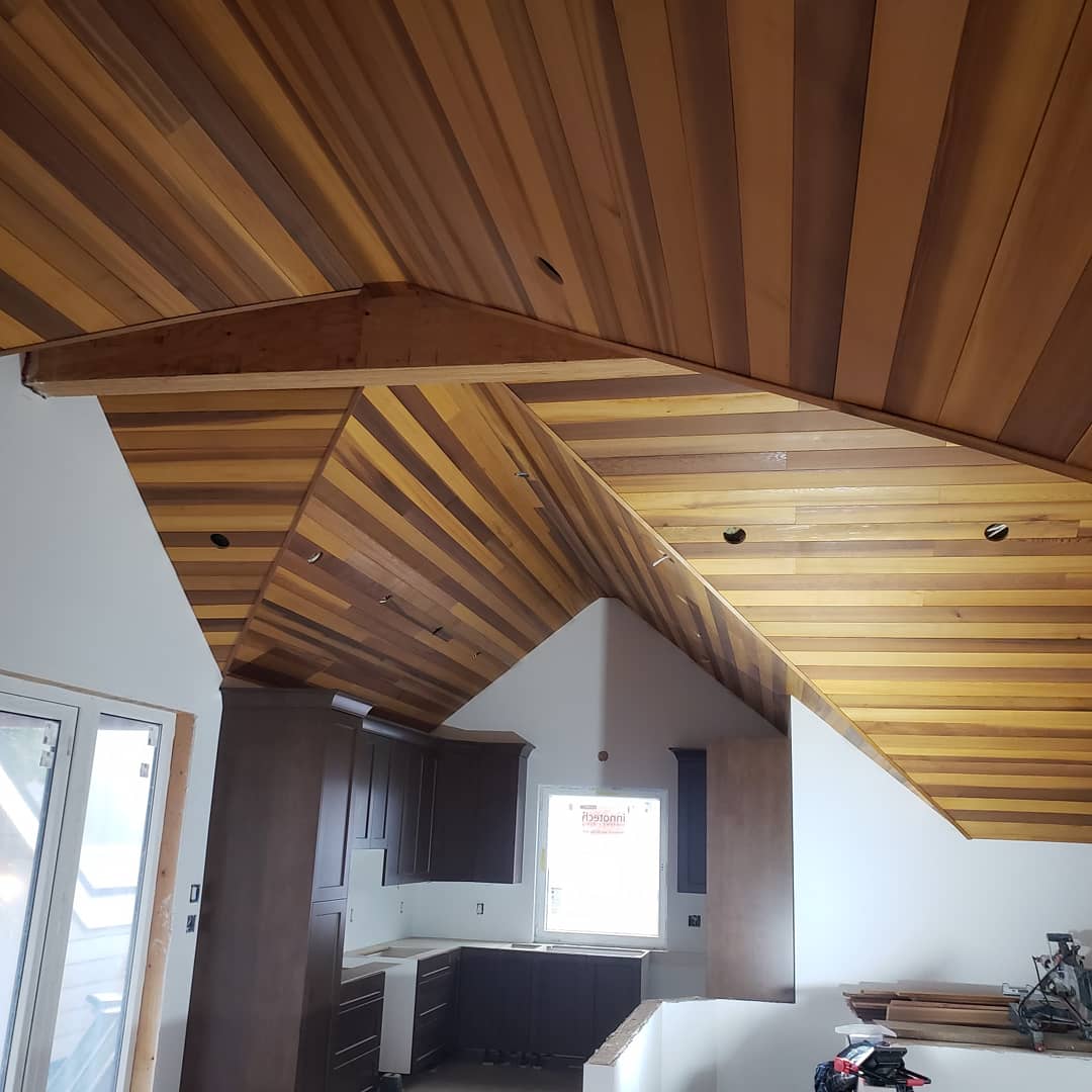 A slatted timber ceiling detail